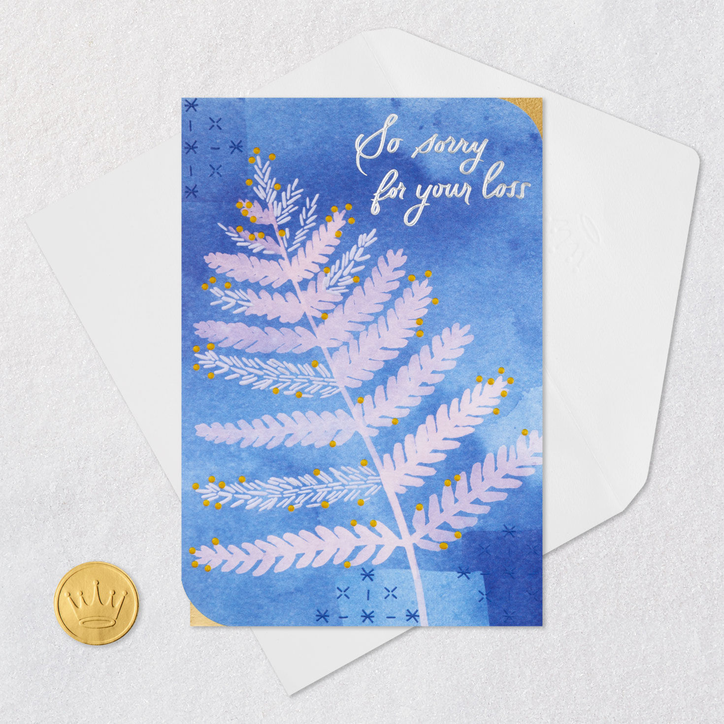 Pink Fern Leaf on Blue Sympathy Card Card Front with Envelope and Gold Seal image number 6