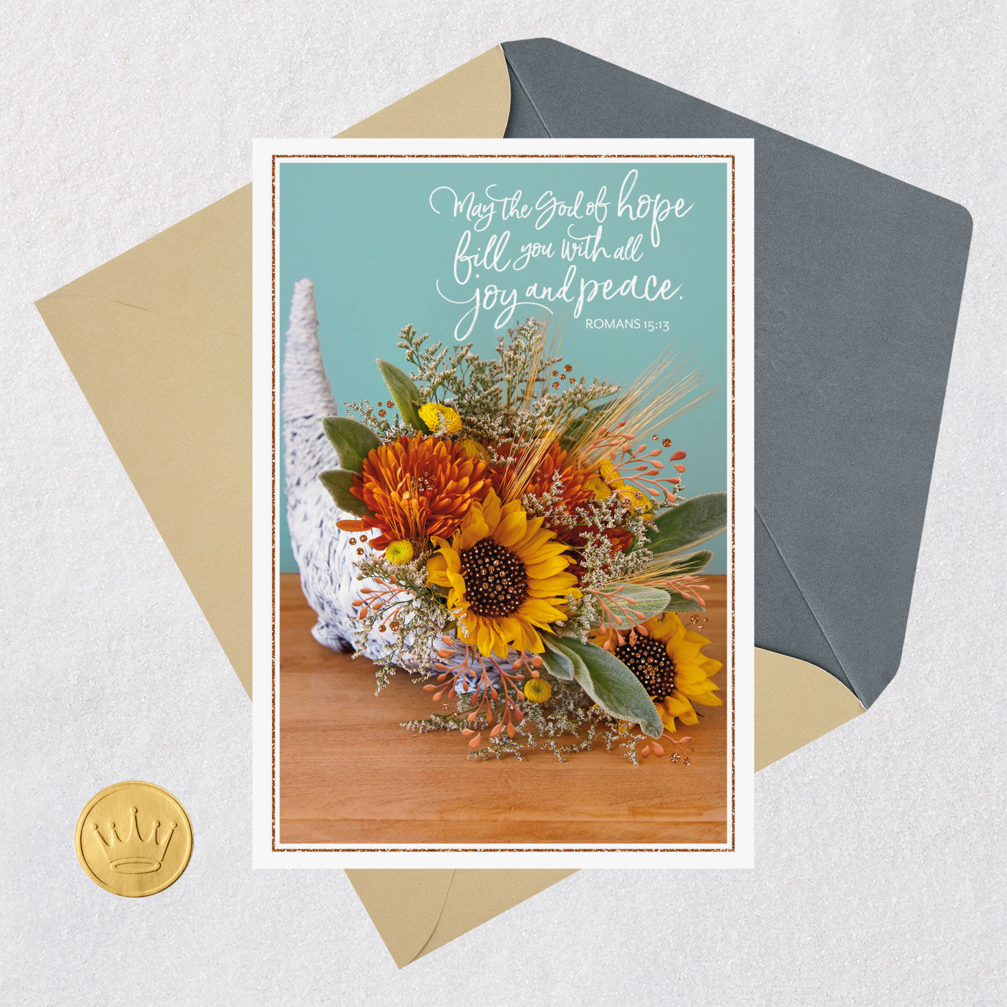 Cornucopia on Blue Thanksgiving Card Card Front with Envelope and Gold Seal image number 5