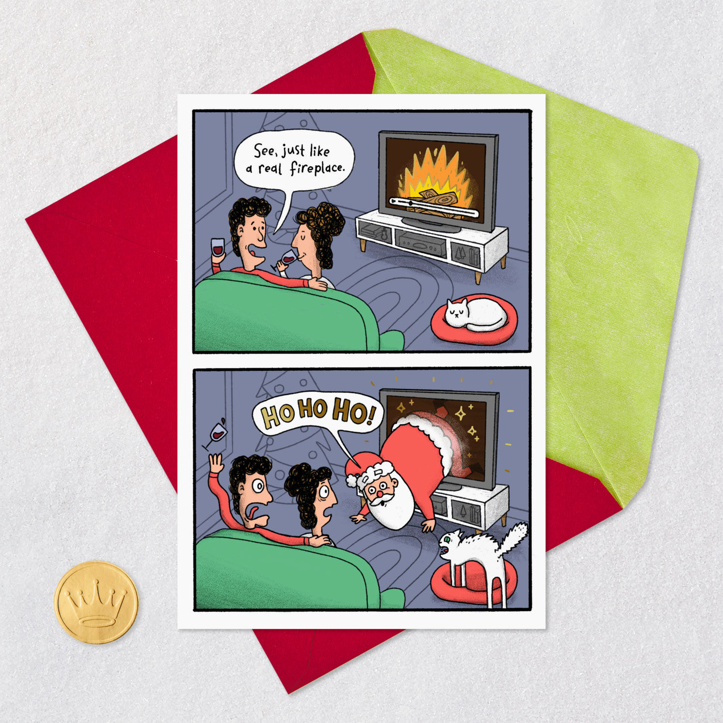 Santa Bursting Through TV Funny Christmas Card Card Front with Envelope and Gold Seal image number 5