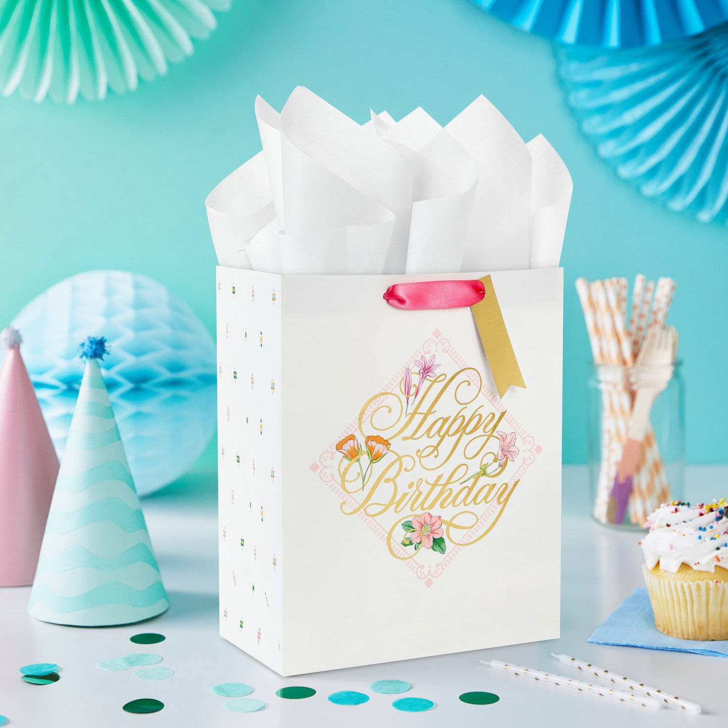 Happy Birthday Floral Medium Gift Bag in use image number 2