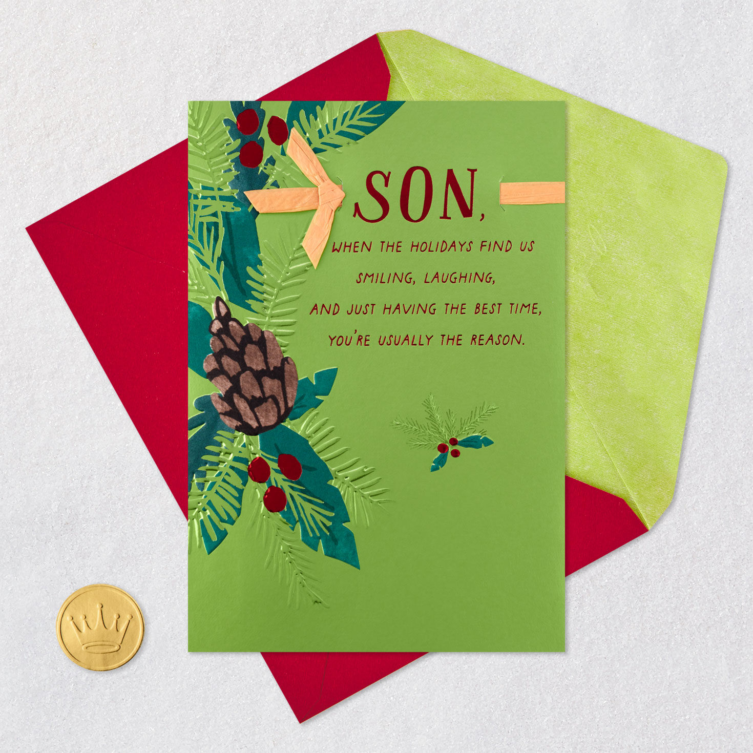 Pine Cone and Holly Son Christmas Card Card Front with Envelope and Gold Seal image number 6