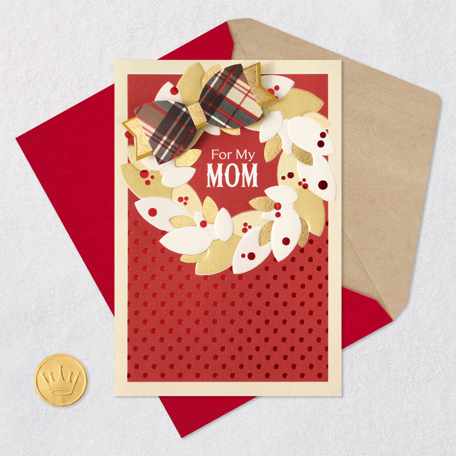 Red and White 3D Holiday Wreath Mom Christmas Card Card Front with Envelope and Gold Seal image number 6