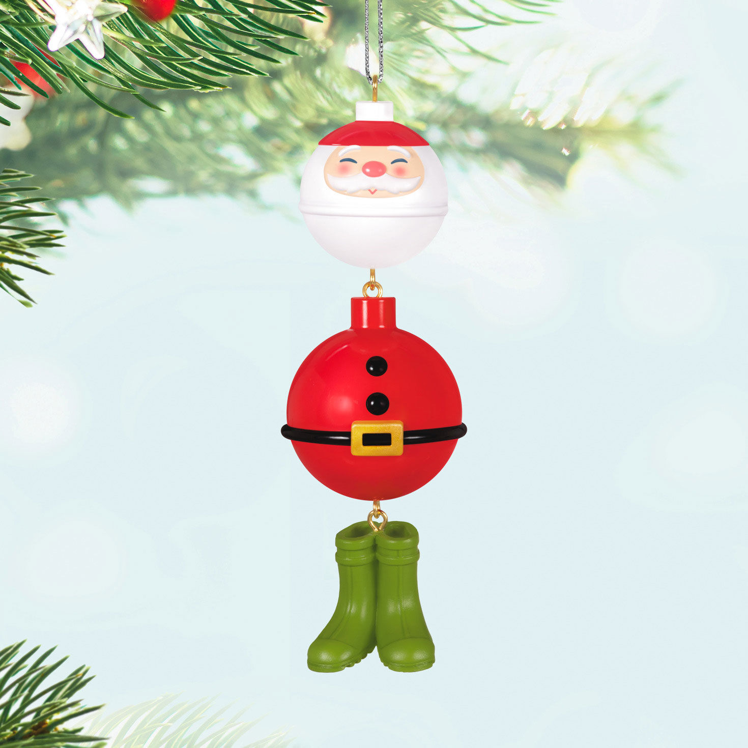 Santa Fishing Bobber Keepsake Ornament Hanging on tree image number 2