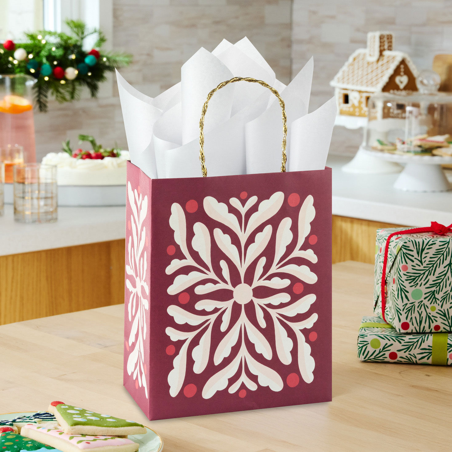 Abstract Flower on Dark Red Christmas Gift Bag in use image number 2