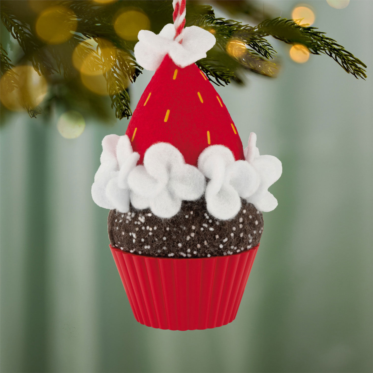 Santa Hat Chocolate Cupcake Keepsake Ornament hanging on tree image number 2