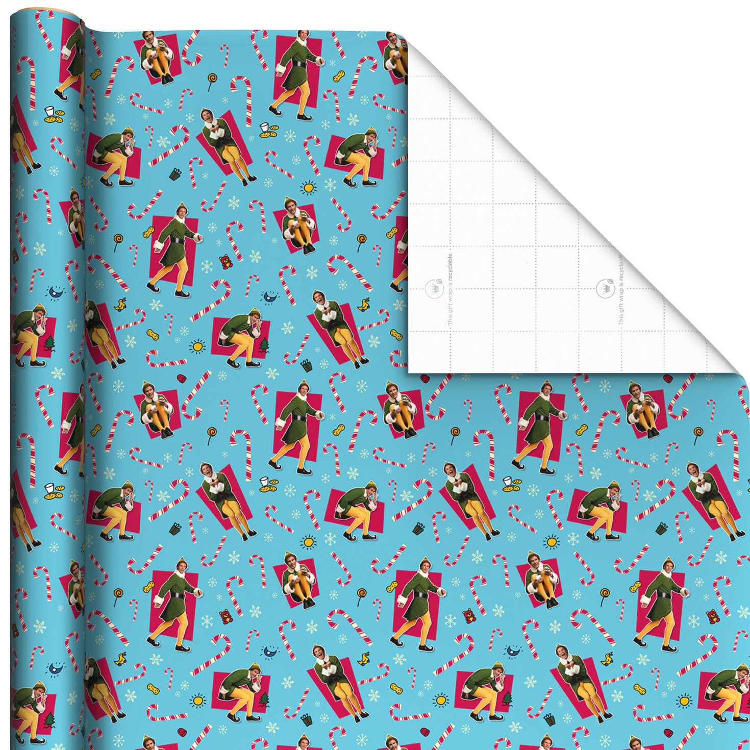 Elf Buddy the Elf™ Poses on Blue Christmas Wrapping Paper Roll, 35 sq. ft.