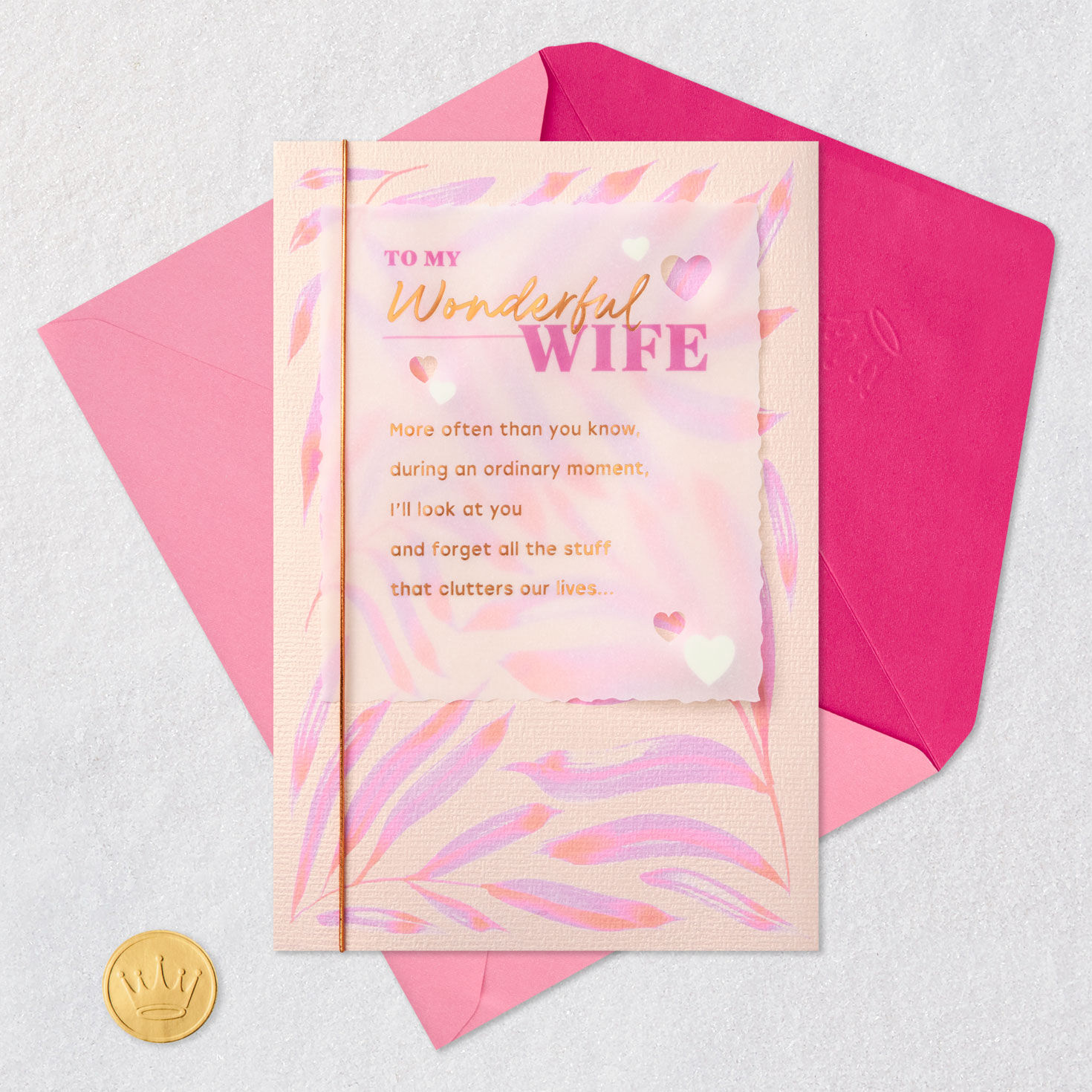 Pink Leaves and Vellum Wife Valentines Day Card Card Front with Envelope and Gold Seal image number 6
