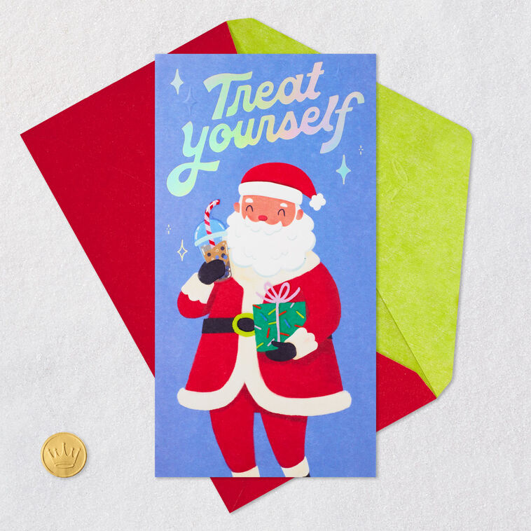 Santa Drinking Boba Tea Christmas Money Holder Card Front with Envelope and Gold Seal image number 6