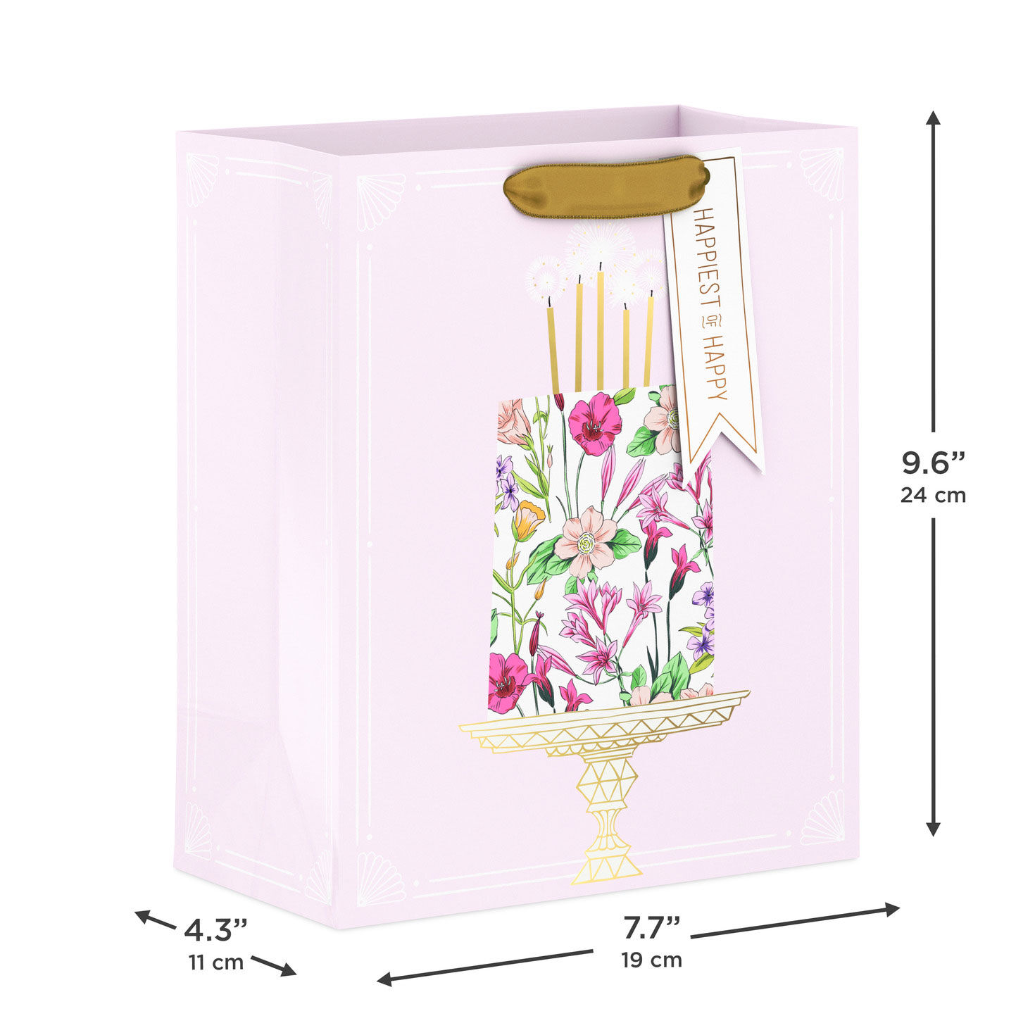 Floral Birthday Cake on Pink Medium Gift Bag measurement image number 3