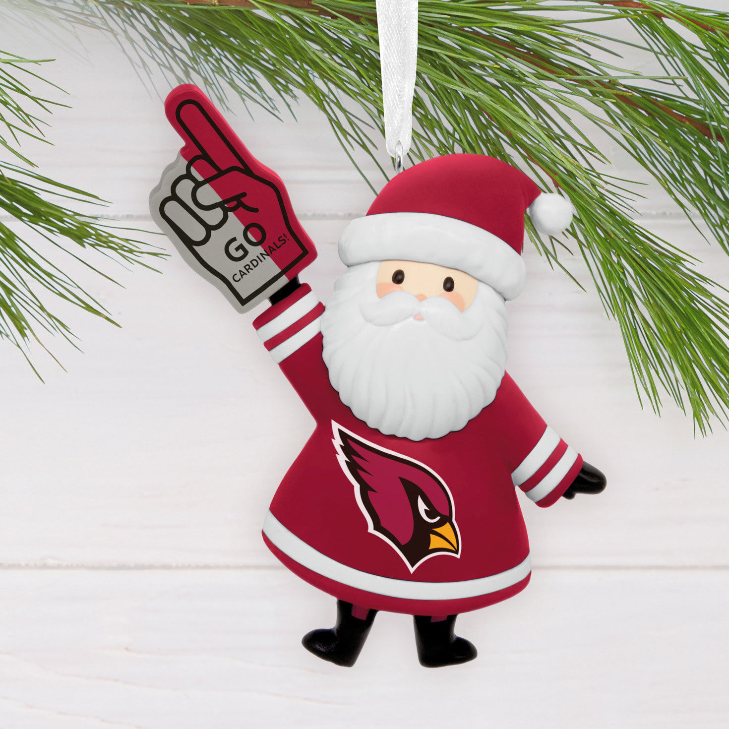 Arizona Cardinals Santa Fan Christmas Ornament hanging on tree image number 2