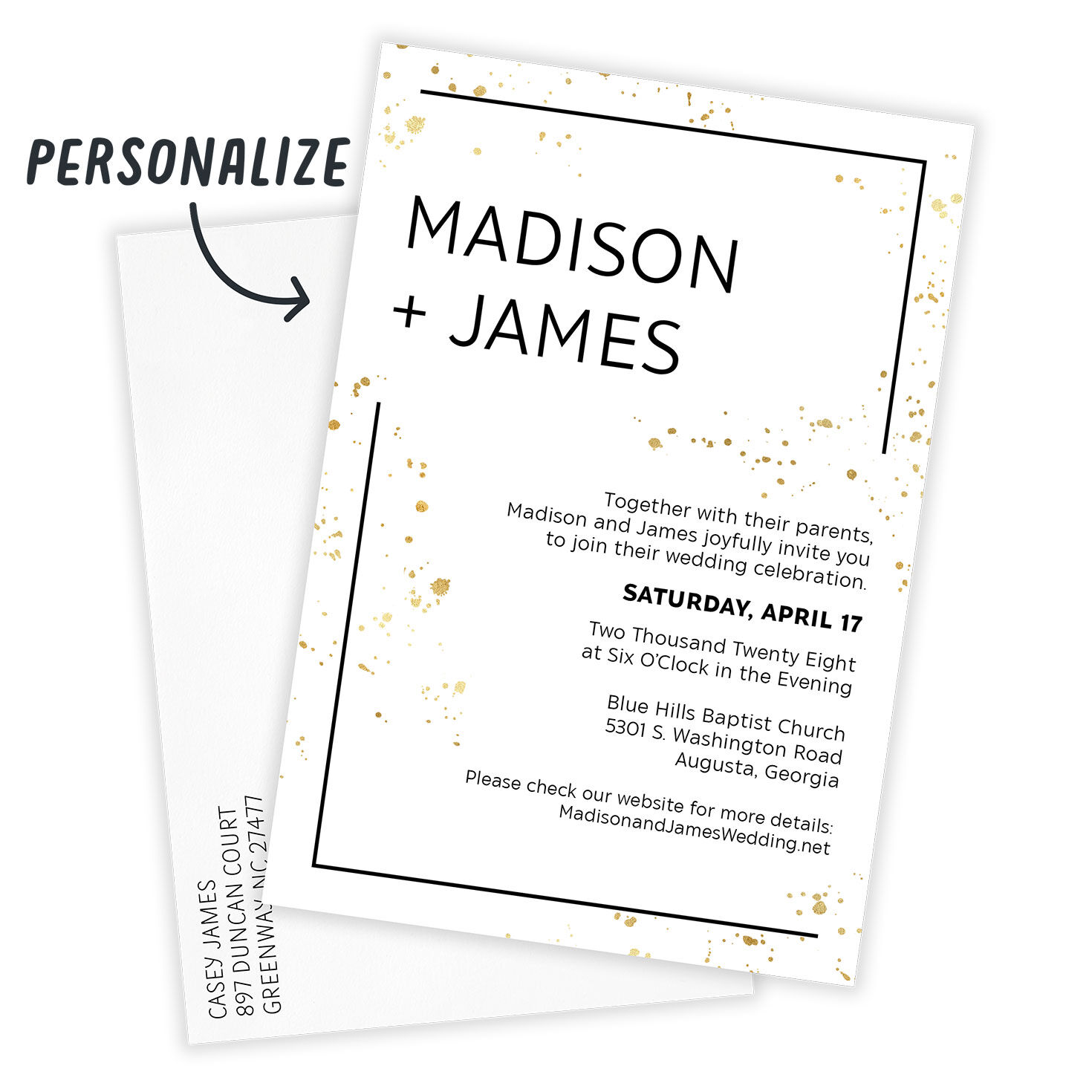 Gold Splatter Personalized Wedding Invitation Card Front indicating personalization image number 2