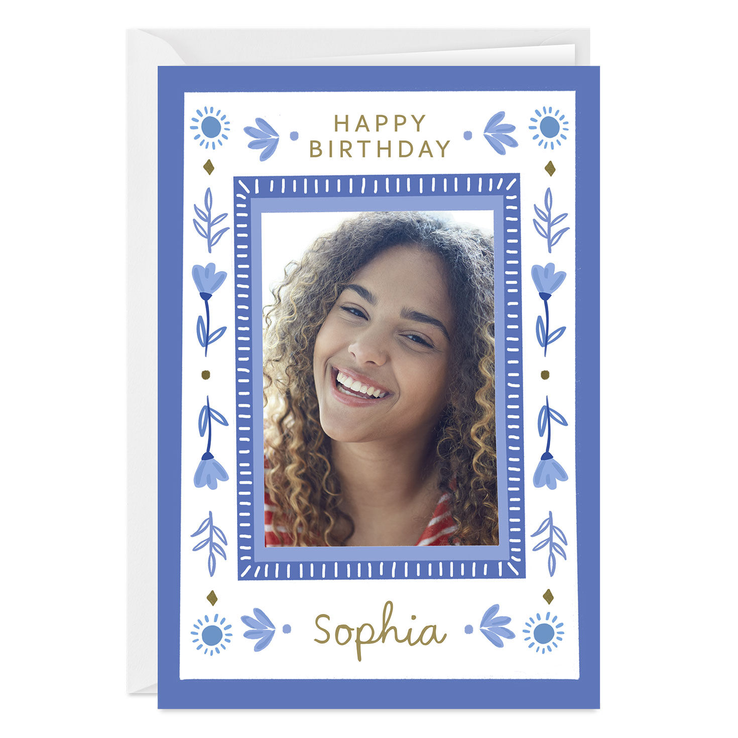 Blue Folk Art Flowers Custom Birthday Card