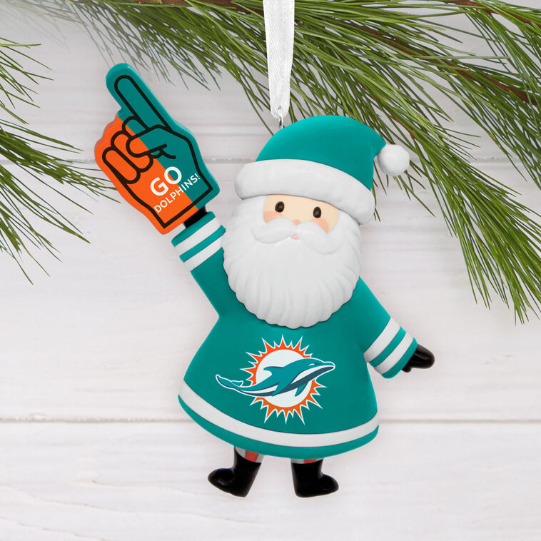 Miami Dolphins Santa Fan Christmas Ornament hanging on tree image number 2