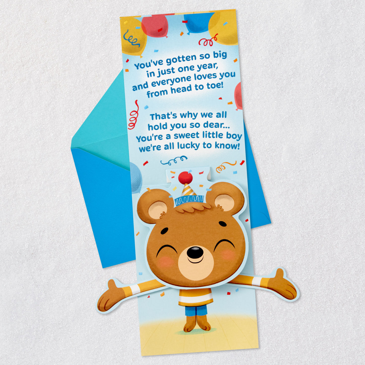 Baby Bear Pop-Up 1st Birthday Card for Boy Open card with envelope image number 2