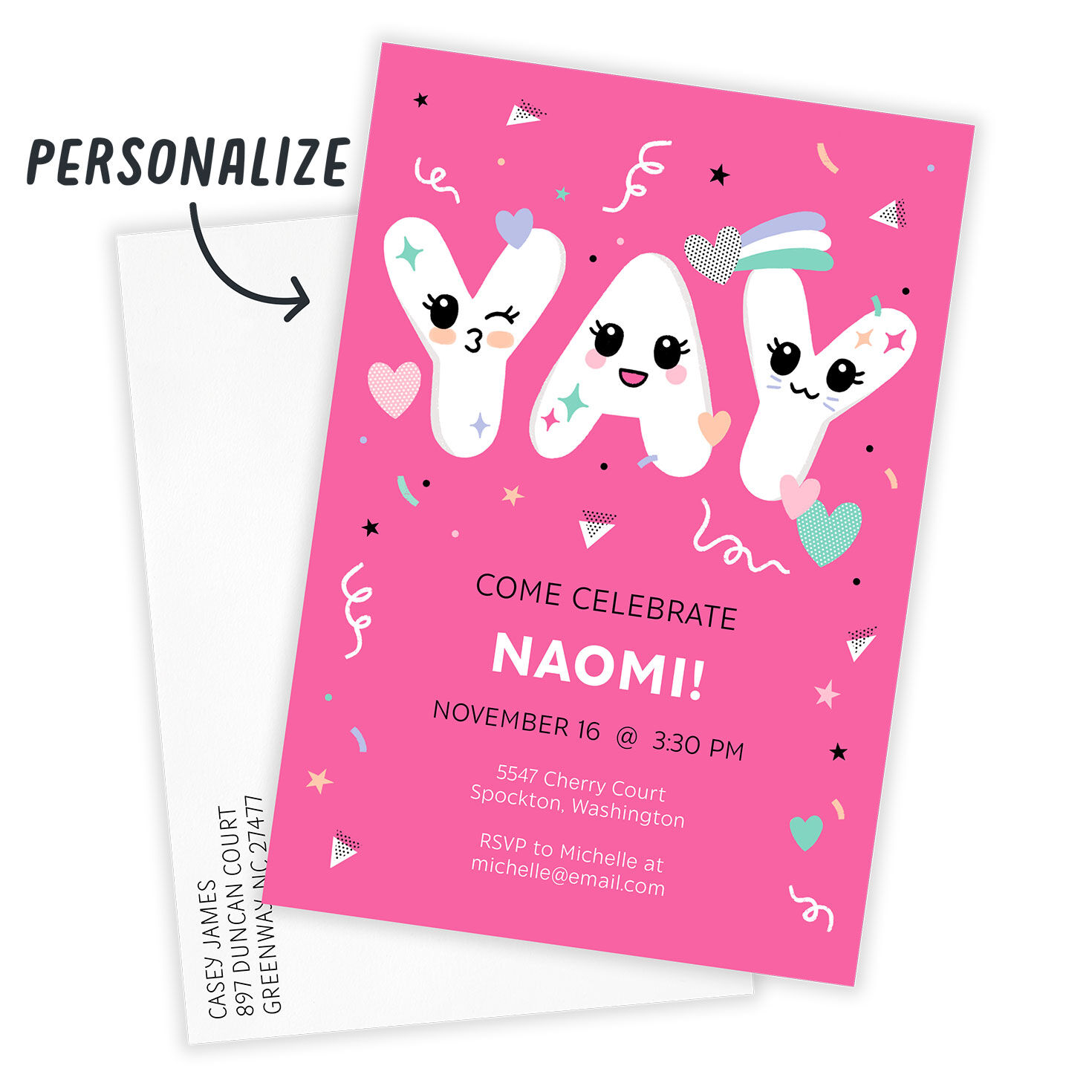 Yay With Faces Personalized Party Invitation Card with Envelope indicating personalization image number 2