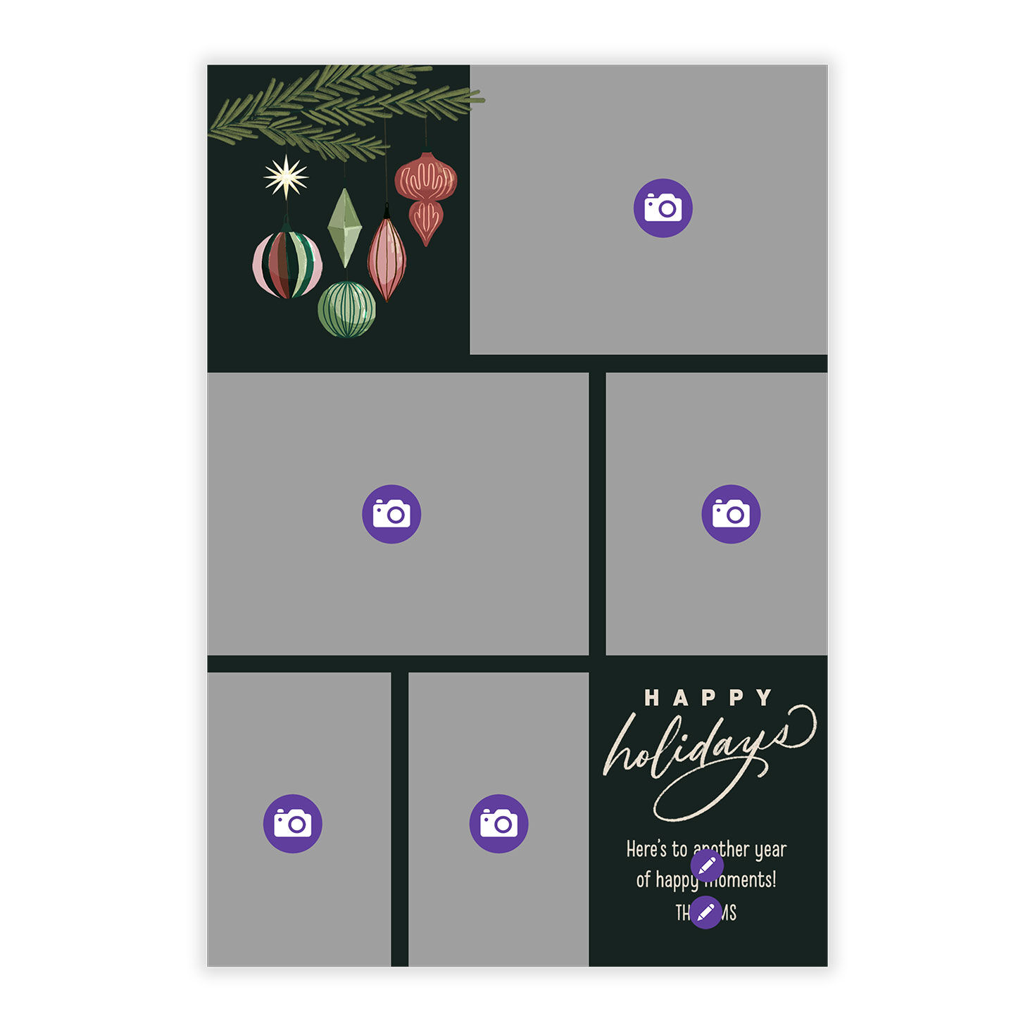 Greenery Ornaments Personalized Holiday Photo Card Card Front indicating personalization image number 5