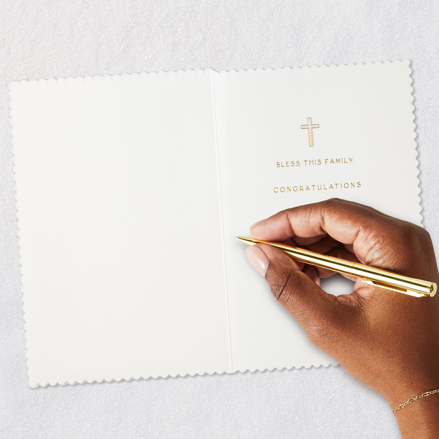 Peach and Gold Cross Baby Baptism Congrats Card Signing card image number 6