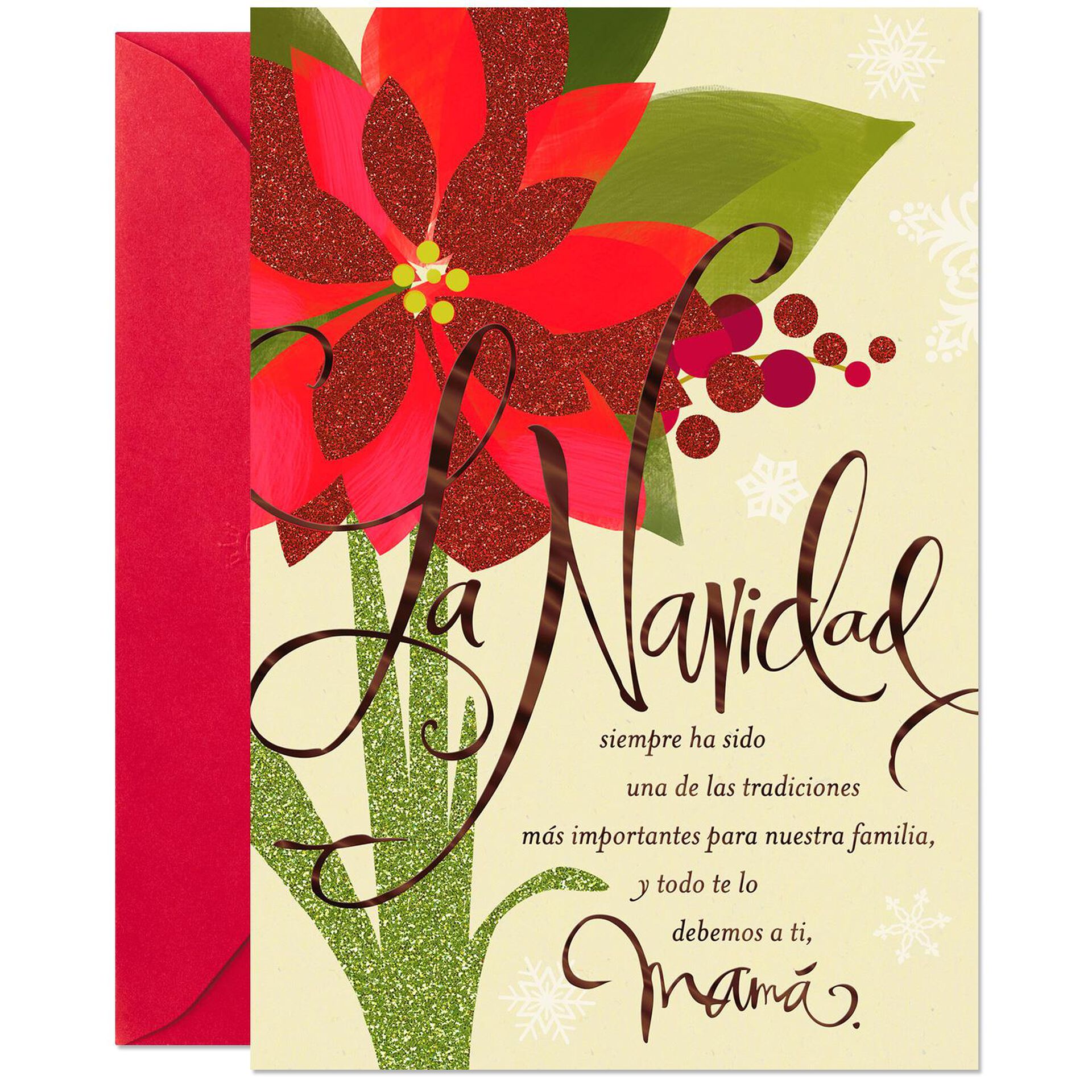 Glittery Poinsettia SpanishLanguage Christmas Card for Mom  Greeting