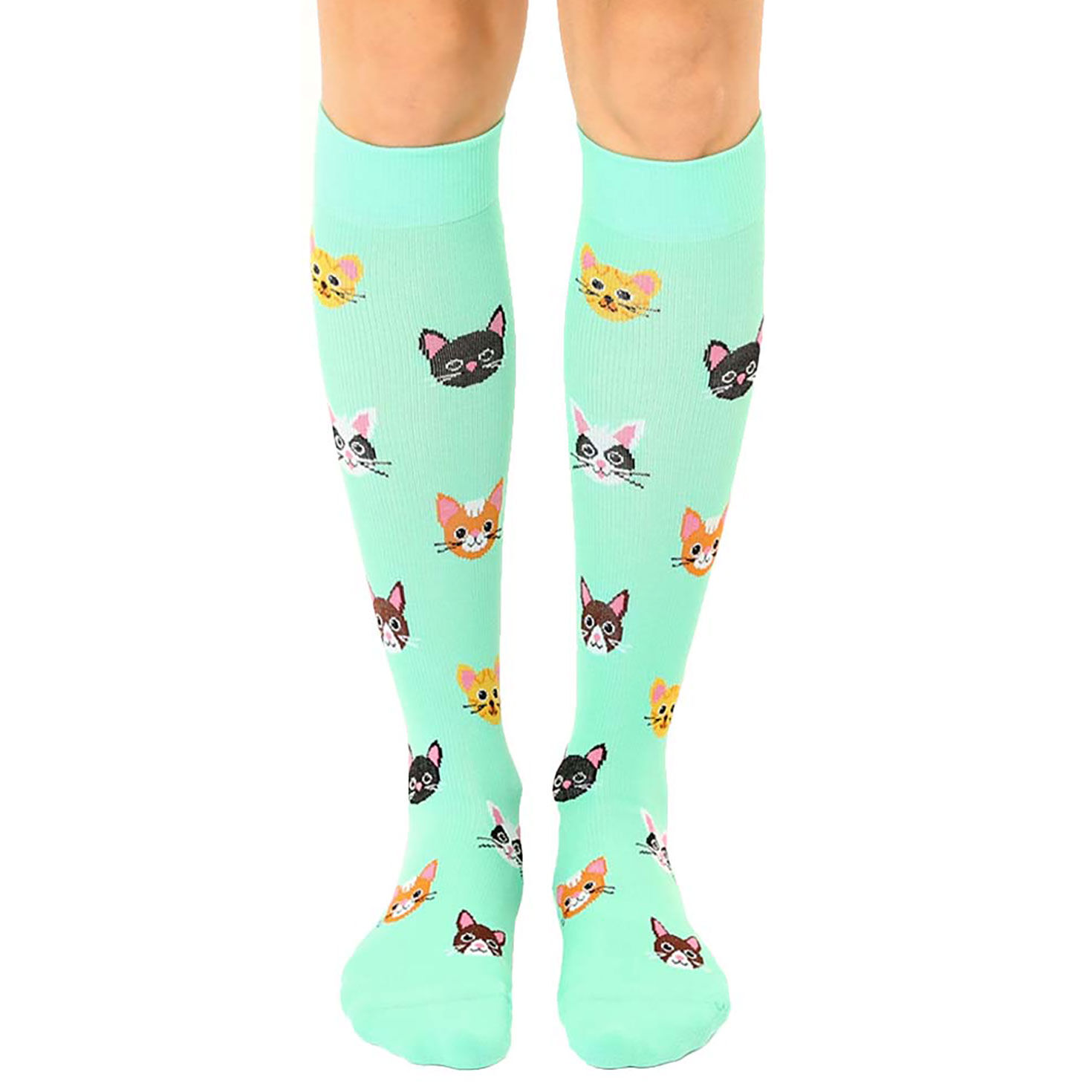 Living Royal Cat Faces on Mint Green Compression Socks
