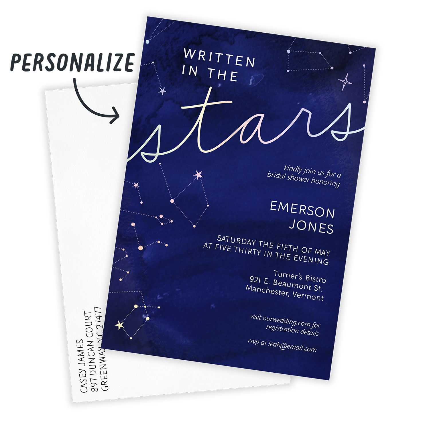 Blue Constellations Personalized Shower Invitation Card Front indicating personalization image number 2