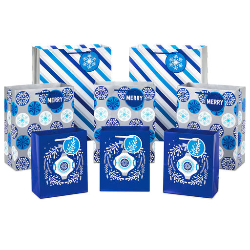Blue and Silver 8-Pack Holiday Gift Bags, Assorted Sizes and Designs, 