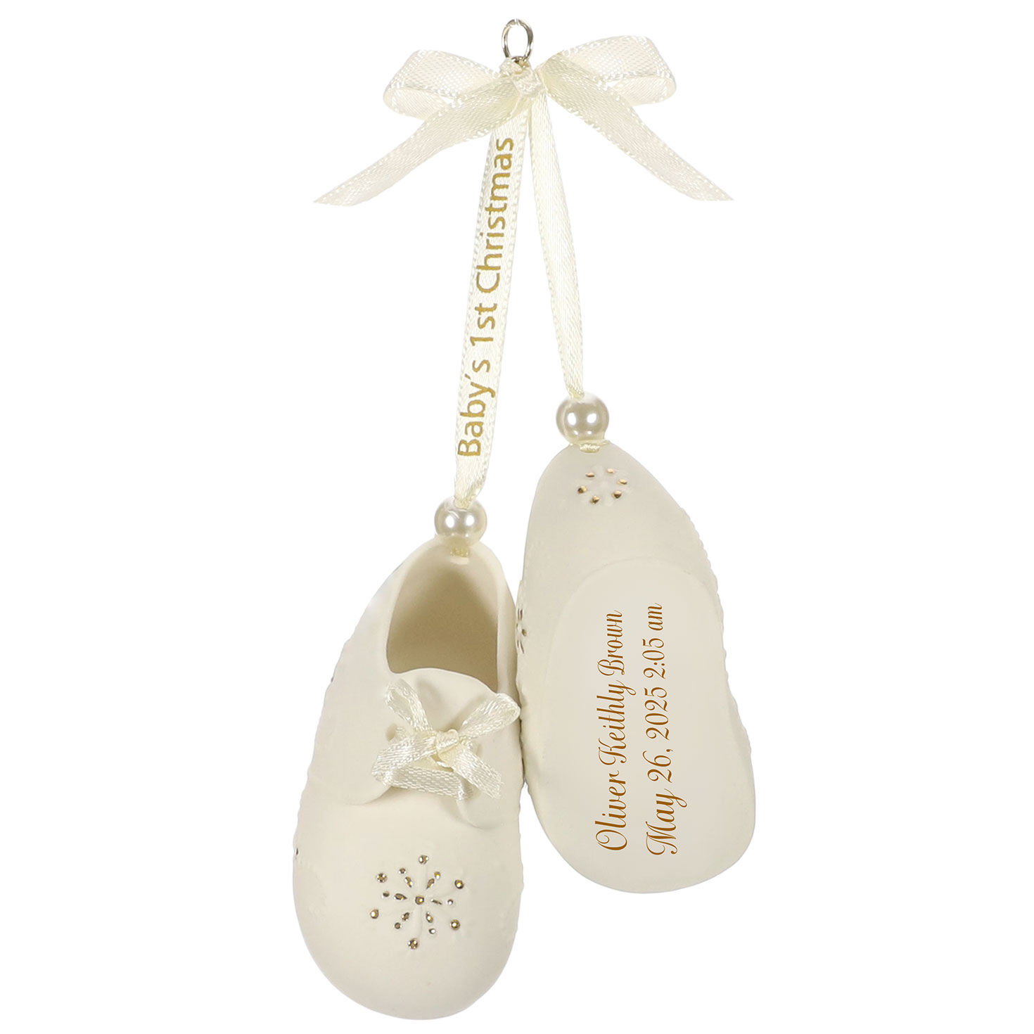 Baby’s First Christmas Booties Porcelain Personalized Ornament, Custom Text