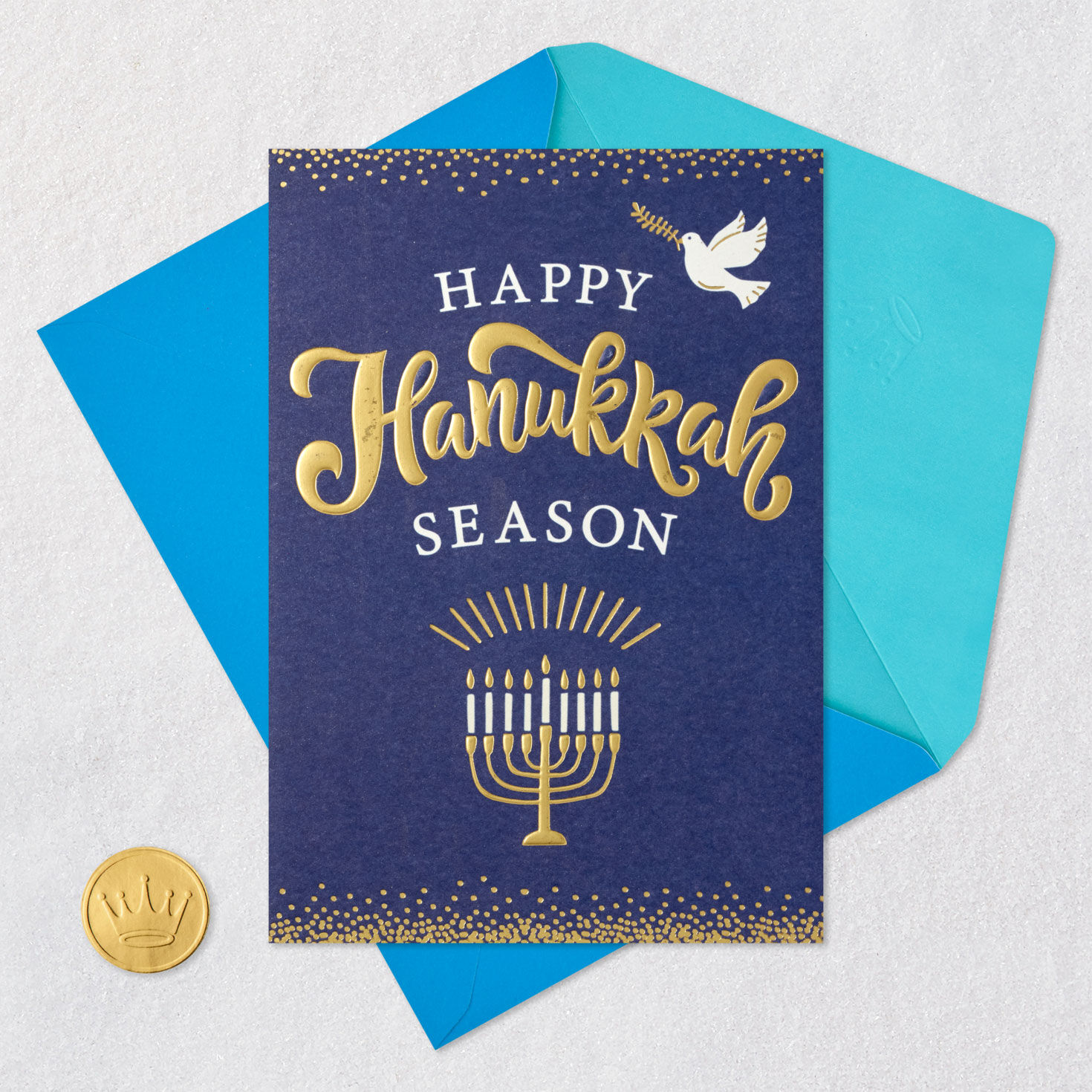 Blue and Gold Menorah and Dove Happy Hanukkah Card  image number 5