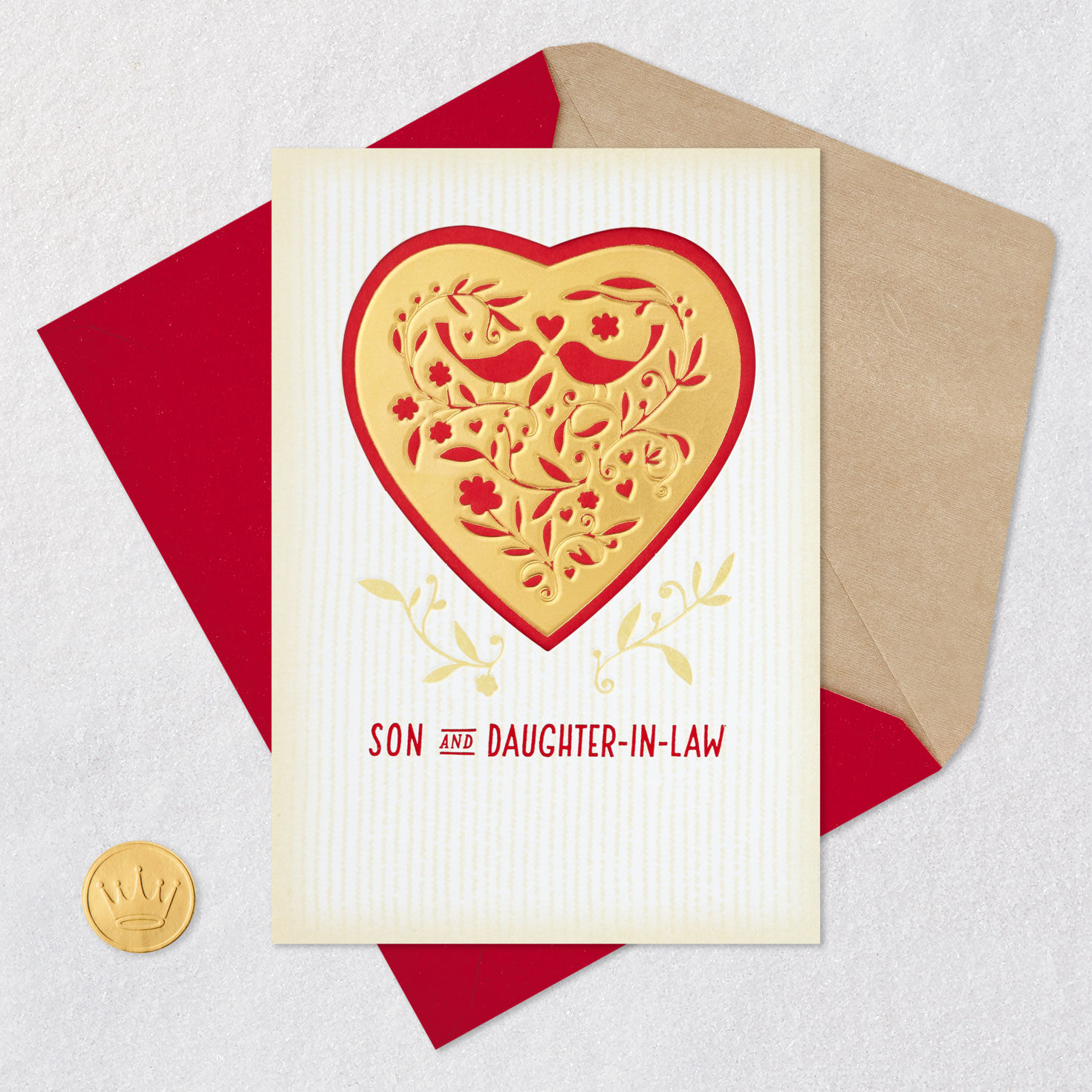 Birds in Floral Heart Valentine for Son and Daughter-in-Law Card Front with Envelope and Gold Seal image number 5