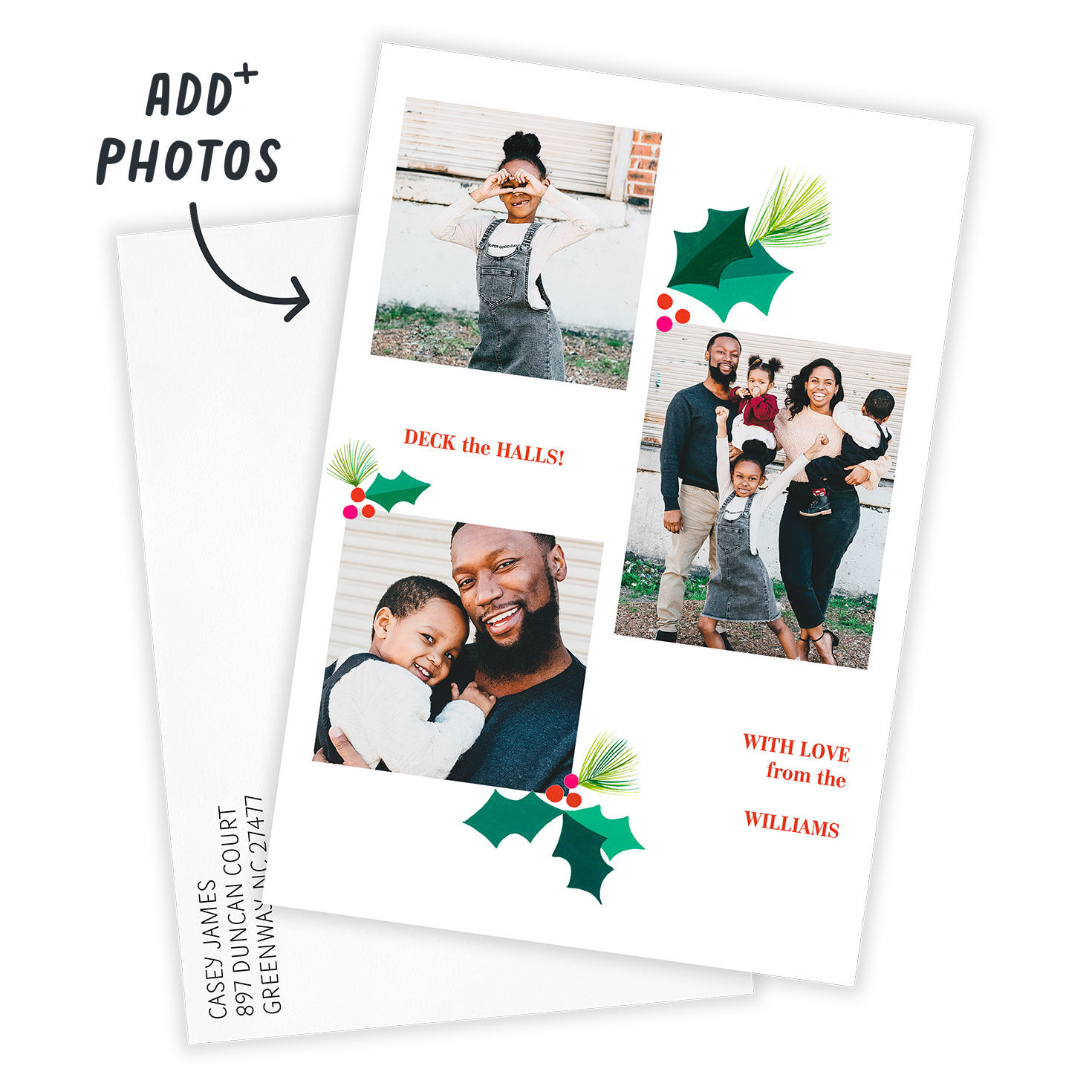Modern Holly Art Personalized Christmas Photo Card Card with Envelope indicating personalization image number 2