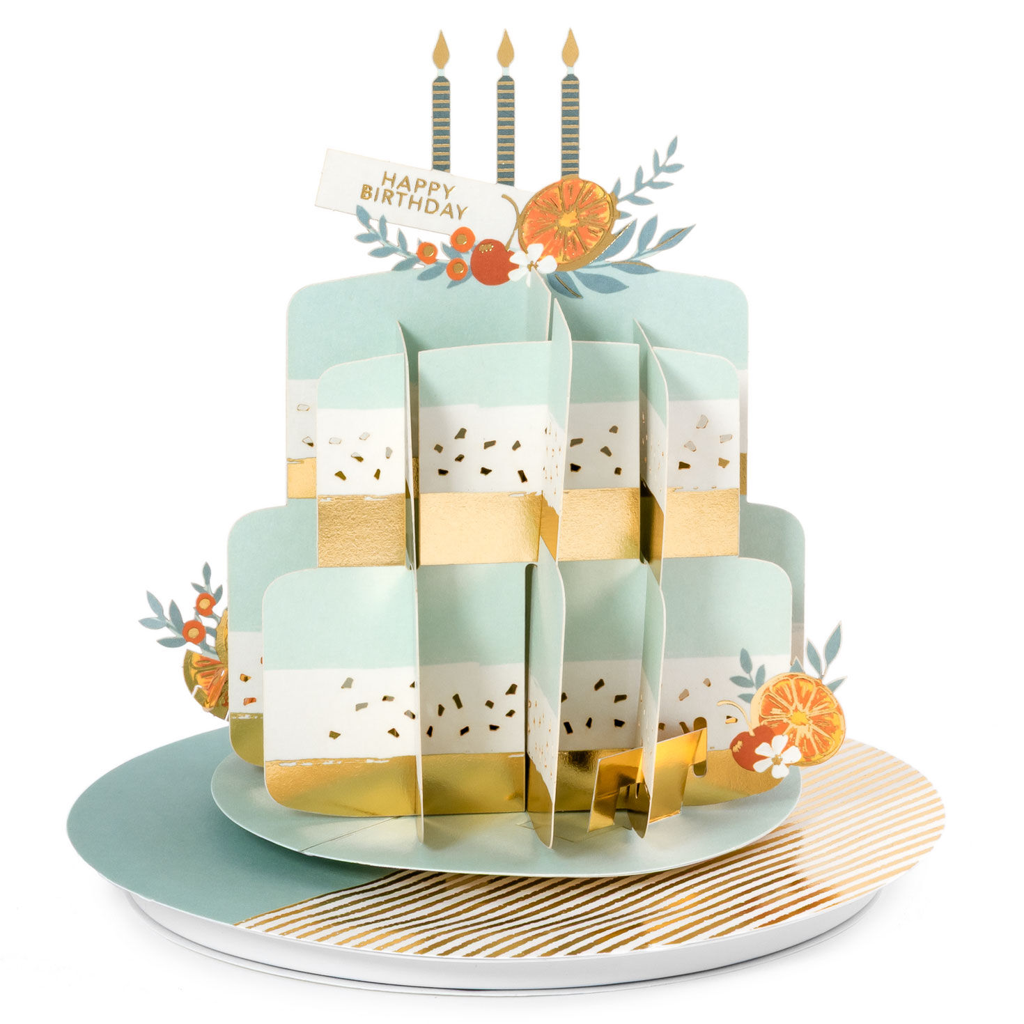 Spinning Mint Green Citrus Cake Pop-Up Birthday Card back image number 3