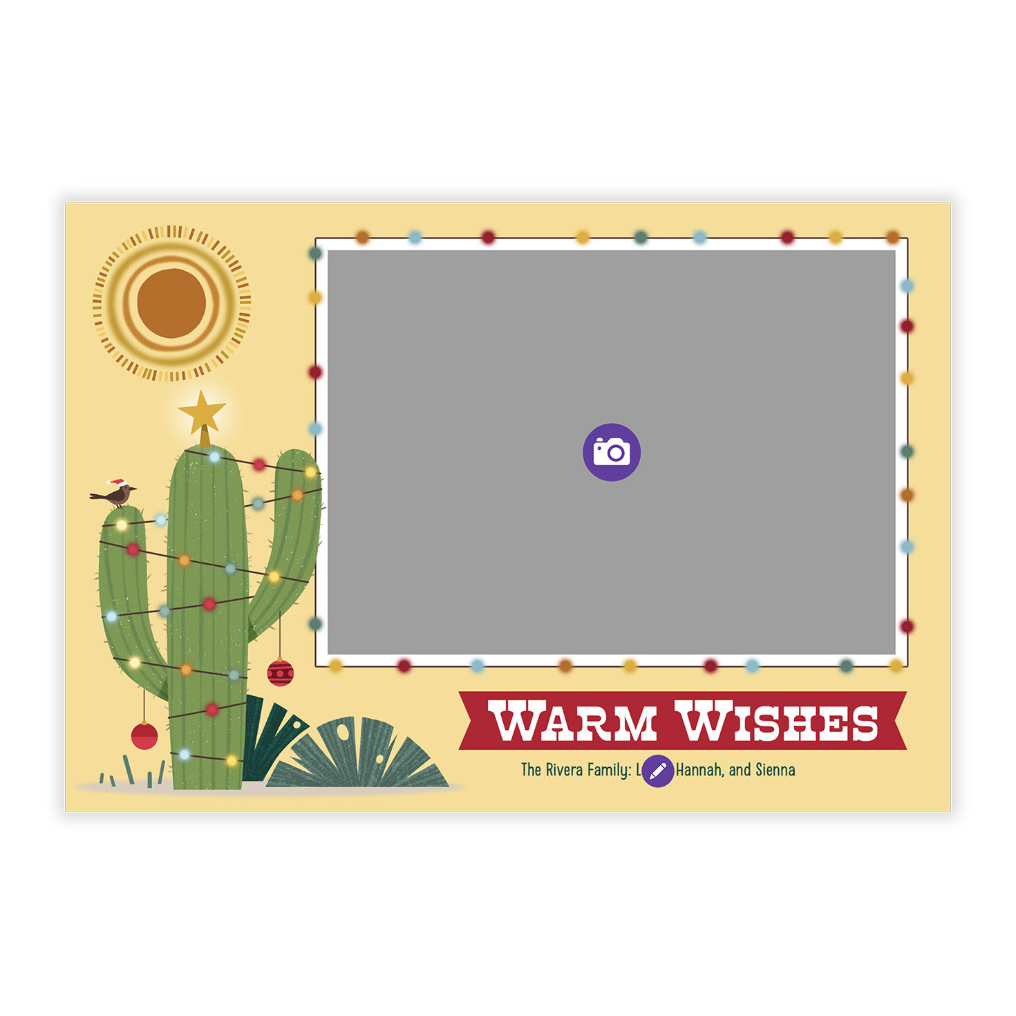 Cactus and Sun Personalized Christmas Photo Card Card Front indicating personalization image number 5