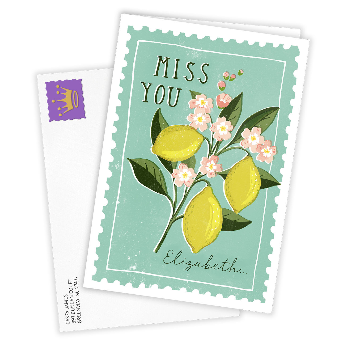 Pink Flowers Stamp Custom Miss You Card, , large image number 2