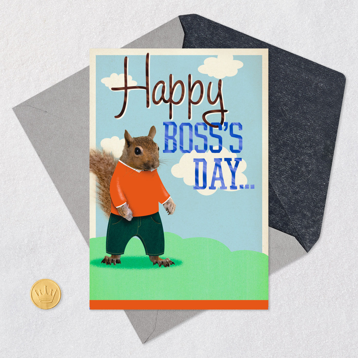 Squirrel and Nuts Funny Pop-Up Boss's Day Card From All Card Front with Envelope and Gold Seal image number 5