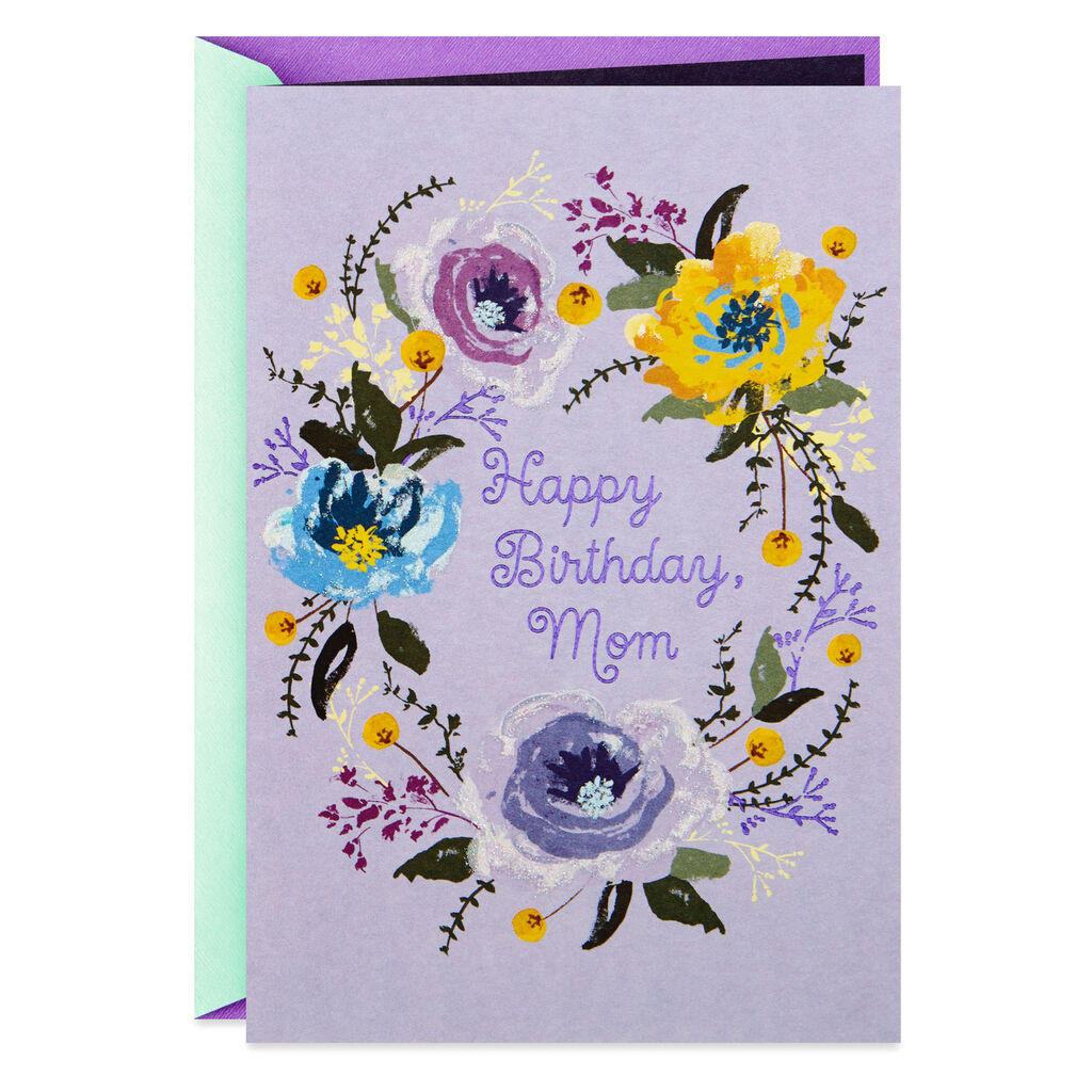Flower Wreath On Lavender Birthday Card For Mom Greeting Cards