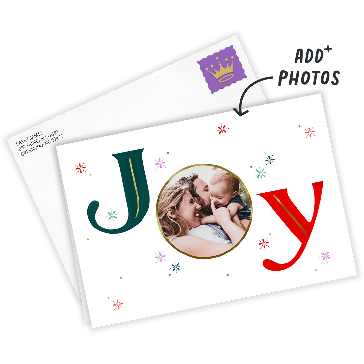 Snowflakes Joy Photo Personalized Christmas Card Card Front indicating personalization image number 2