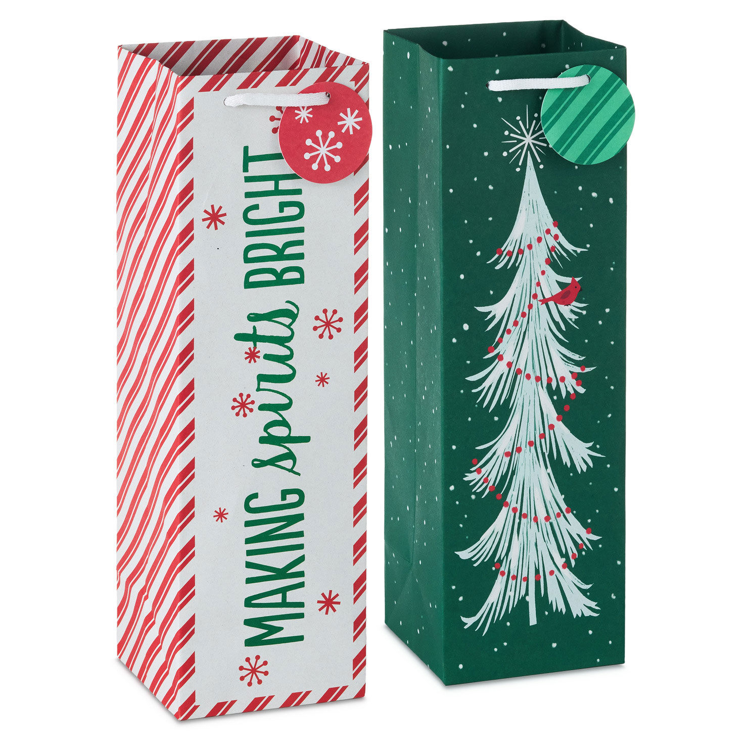 13" Making Spirits Bright and Tree on Green 2-Pack Assorted Christmas Wine Gift Bag Bundle With Gift Tags