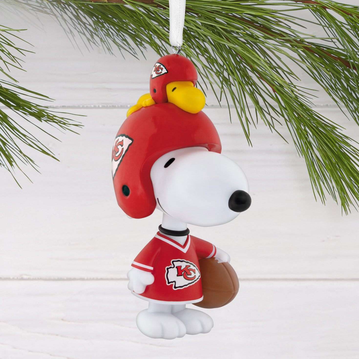 Snoopy Kansas City Chiefs Christmas Ornament hanging on tree image number 2