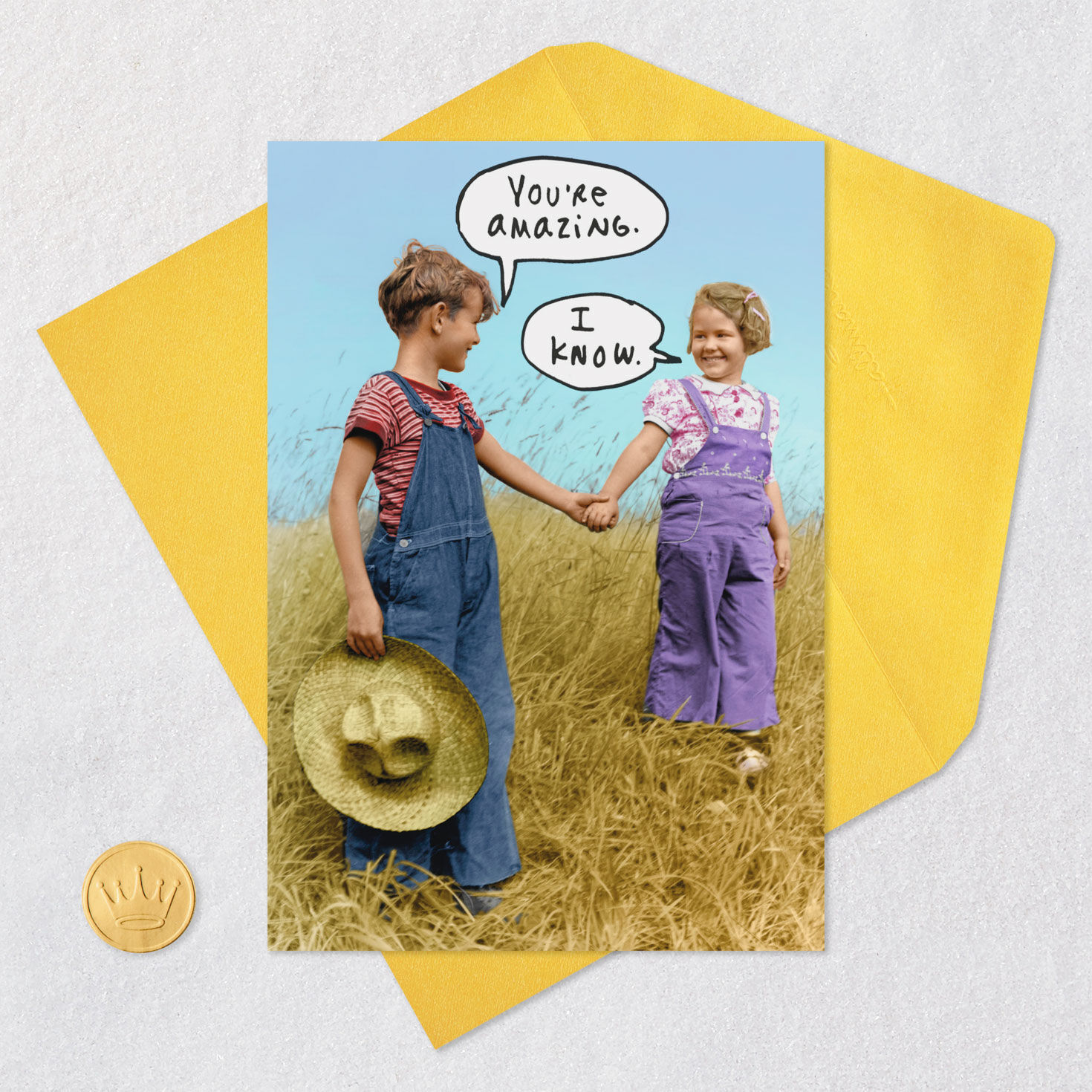 Boy and Girl Holding Hands Funny Anniversary Card Card Front with Envelope and Gold Seal image number 5