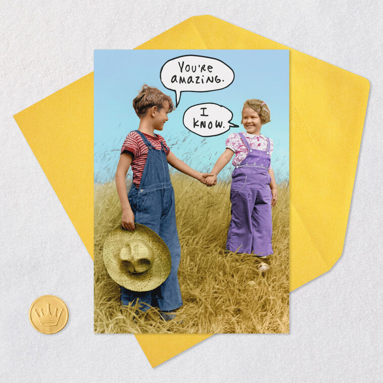 Boy and Girl Holding Hands Funny Anniversary Card Card Front with Envelope and Gold Seal image number 5
