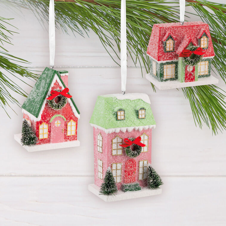 Set of 3 Festive Houses Christmas Ornaments hanging on tree image number 2