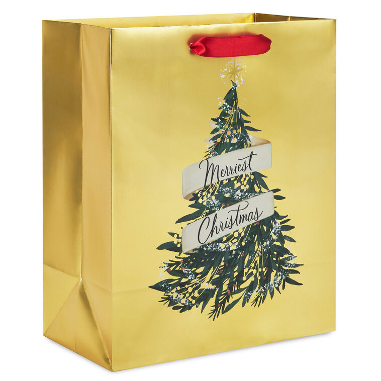 9.6" Evergreen on Gold Metallic Medium Christmas Gift Bag
