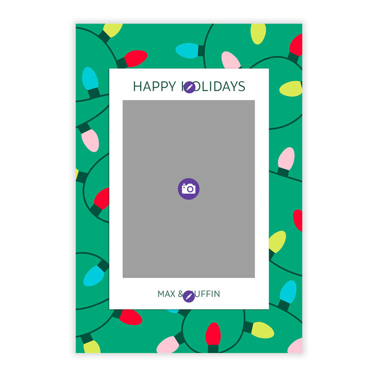 String Lights on Green Personalized Holiday Photo Card Card Front indicating personalization image number 5