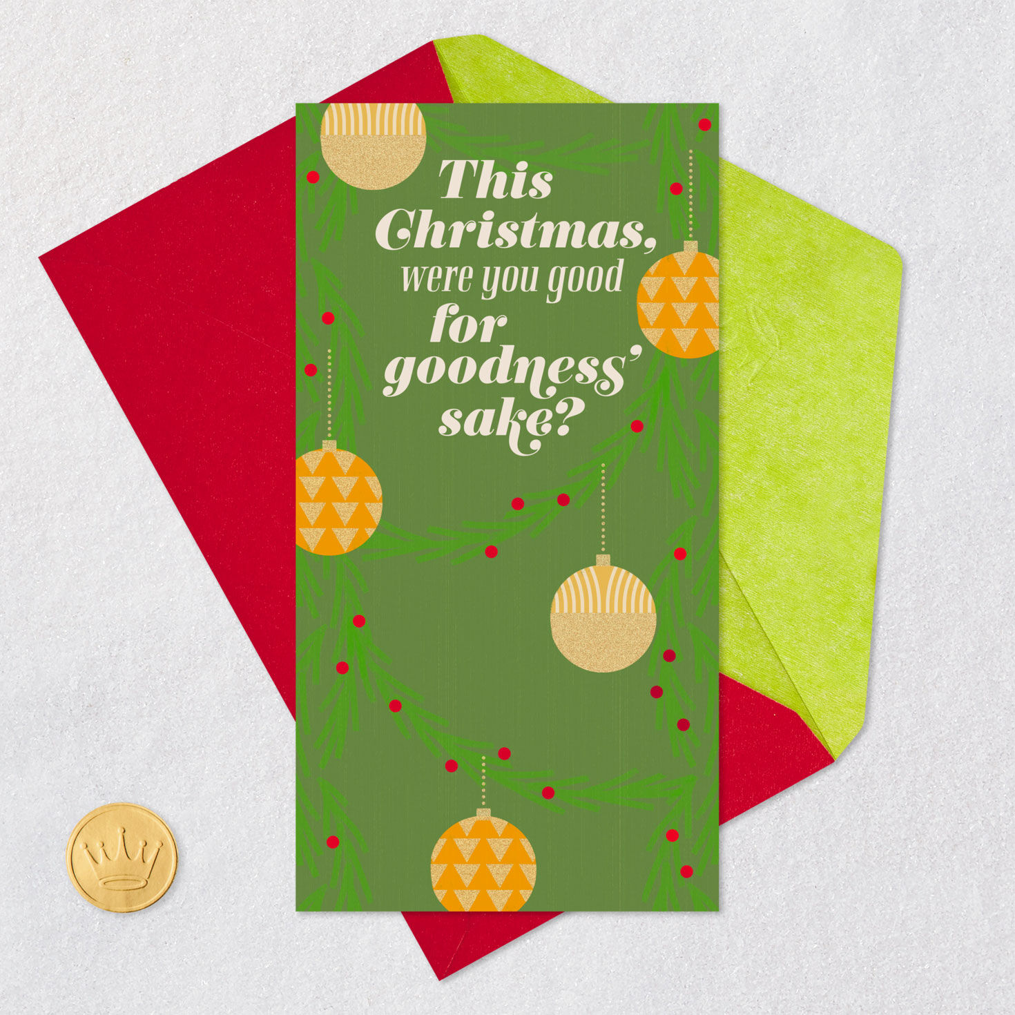 Gold Ornaments on Green Money Holder Christmas Card Card Front with Envelope and Gold Seal image number 6