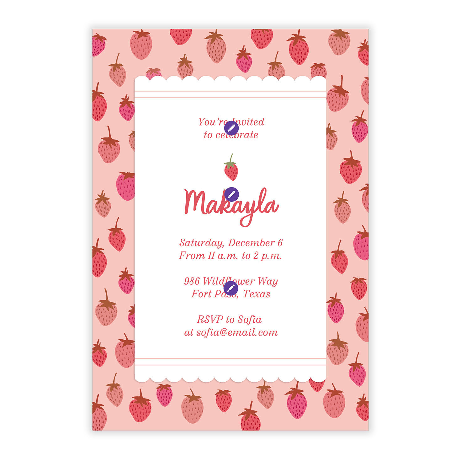 Pink Strawberry Frame Personalized Party Invite Card Front indicating personalization image number 5