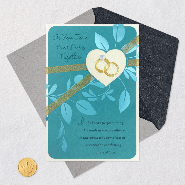 Rings in Heart Religious Wedding Card Card Front with Envelope and Gold Seal image number 6