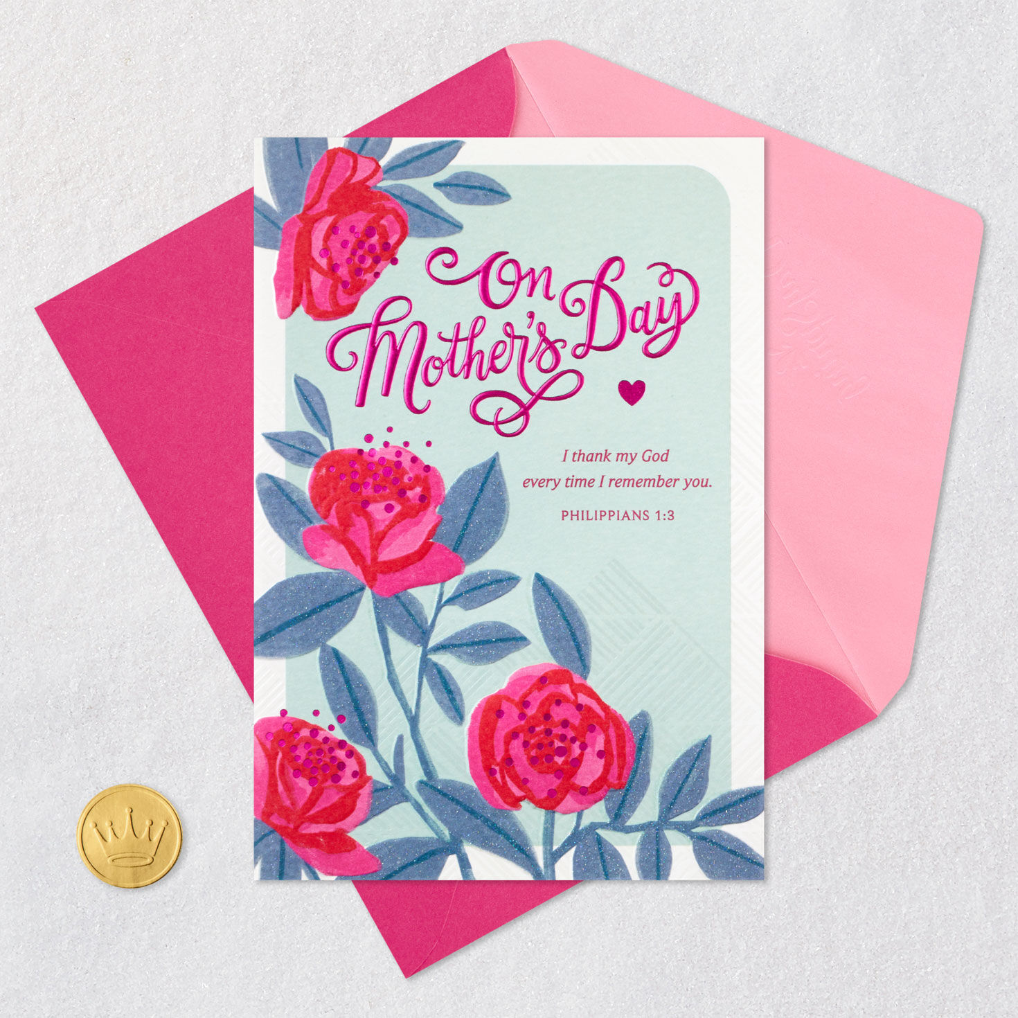 Pink and Silver Flowers Religious Mother's Day Card Card Front with Envelope and Gold Seal image number 5