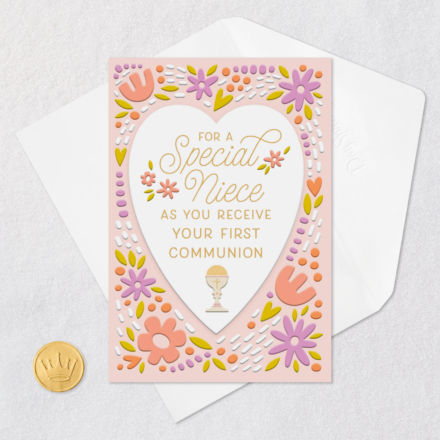 Flowers Around Heart 1st Communion Card for Niece Card Front with Envelope and Gold Seal image number 6