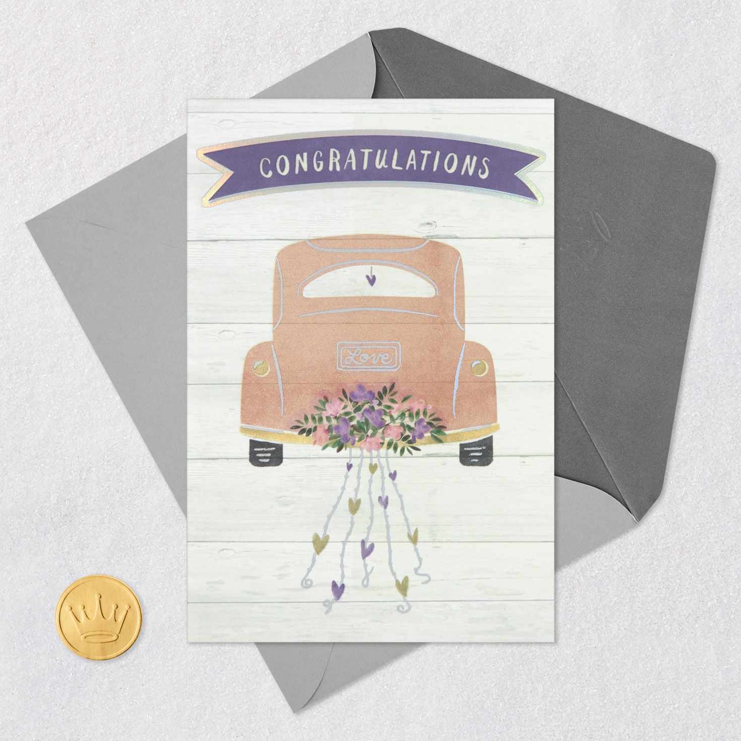 Decorated Vintage Car Wedding Congratulations Card Card Front with Envelope and Gold Seal image number 5