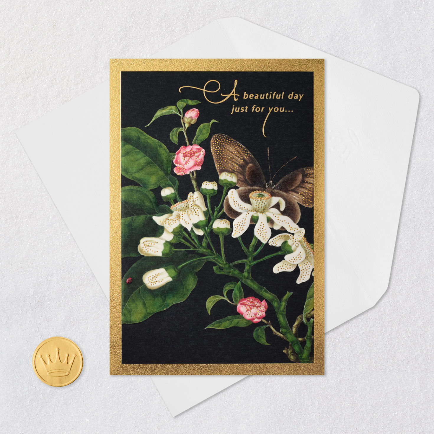 Vintage Butterfly and Flowers Mother's Day Card Card Front with Envelope and Gold Seal image number 6