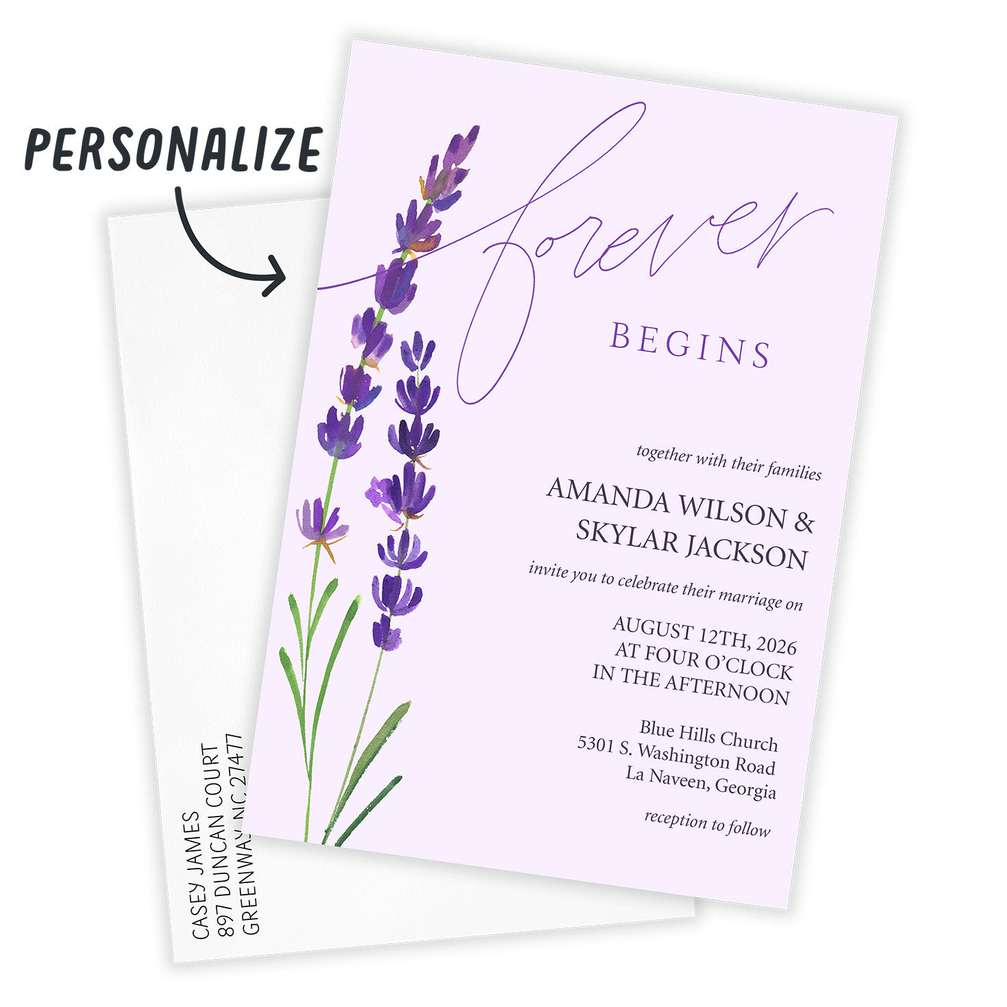 Lavender Flower Sprig Personalized Wedding Invitation Card Front indicating personalization image number 2